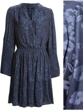 Current Air X Anthropologie Long Sleeve Boho Pleated Floral Mini Dress Navy Blue